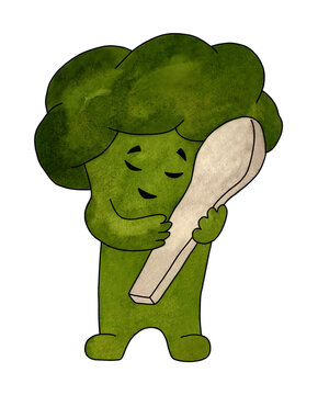 Happy broccoli hugging tablespoon on white background. Watercolor hand drawn illustration.