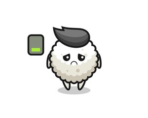 rice ball mascot character doing a tired gesture