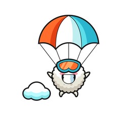 rice ball mascot cartoon is skydiving with happy gesture