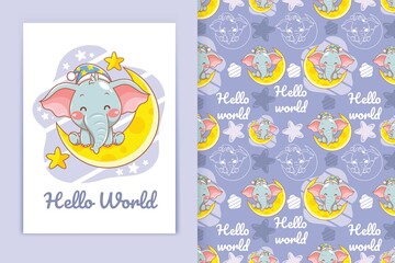 cute baby elephant with moon and little star cartoon illustration and seamless pattern set