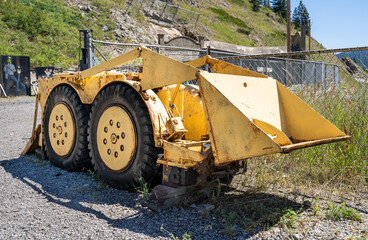 Bellevue Alberta Canada, July 22 2021: Vintage Coal mining equipment on display at the historic...