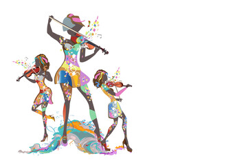 Naklejka na ściany i meble Abstract colorful women moving in dance decorated with waves, notes. Hand drawn vector illustration. 