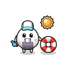 Cartoon mascot of onigiri as a beach guard