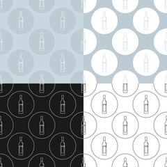 Four view seamless pattern of bottle of vodka in flat style in form of thin lines. In the form of background is circle of color drinks. Wallpaper pattern beverages. Template for restaurant party