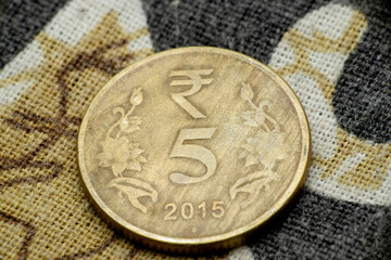 Copper and zinc Indian five rupee coin back side, Satara, Maharashtra, India