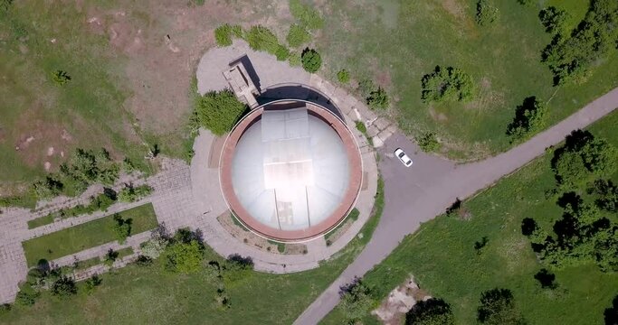 Video of a drone flying over a mountain observatory in the city of Byurakan, Armenia