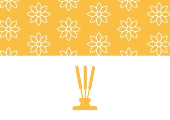 Composition of yellow shapes and flowers icons on white background