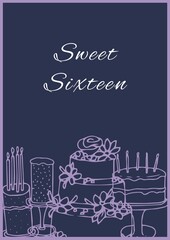 Composition of birthday party text over birthday cakes icons on purple backgtound