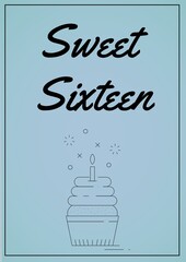 Composition of birthday party text over cupcake icon on blue backgtound