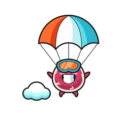 beef mascot cartoon is skydiving with happy gesture