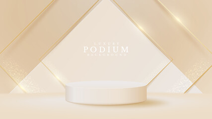 White podium display product and sparkle golden line scene, Realistic 3d luxury style background, vector illustration for promoting sales and marketing.