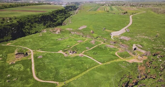 Video from a drone flying over the ancient fortress city of Lori Berd located between two inaccessible canyons of the river. Tourist attractions of Armenia and the Caucasus