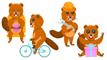 Set Abstract Collection Flat Cartoon 
Different Animal Beaver Drinking Tea Riding A Bike Builder Surprised By The Gift Vector Design Style Elements Fauna Wildlife