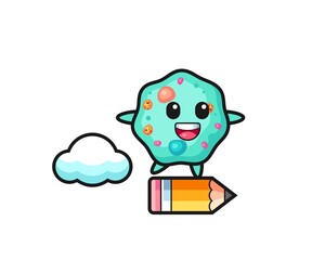 amoeba mascot illustration riding on a giant pencil