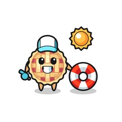 Cartoon mascot of apple pie as a beach guard