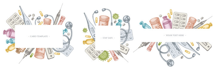 Frames with pastel vial of blood, pills and medicines, medical thermometer, coronavirus rapid test, coronavirus bacteria cell, stethoscope, syringe, vaccine