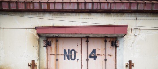 Old factory warehouse with red discolored roof and black no.4 on rusty door banner