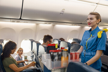Female flight attendant serving food to passengers on aircraft. Hostess walking with trolley on...