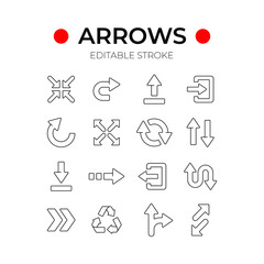 Arrows linear icons set. Thin line customizable illustration. Contour symbol. Vector isolated outline drawing. Editable stroke