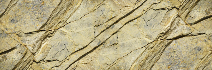 Light gray yellow rock background. Sandstone texture. Close-up. Top view. Beautiful stone background with copy space for text, product, design. Wide banner. 3d.