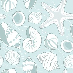 Hand drawn seamless pattern with seashells and starfish on a blue background. Vector illustration