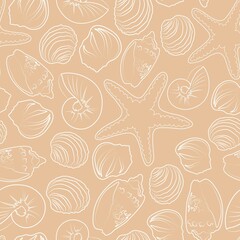 Seamless vector pattern with white seashells and starfish on a sand background