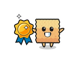 raw instant noodle mascot illustration holding a golden badge