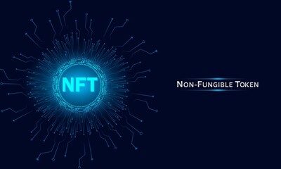 Non-fungible token (NFT) abstract blue technology background.