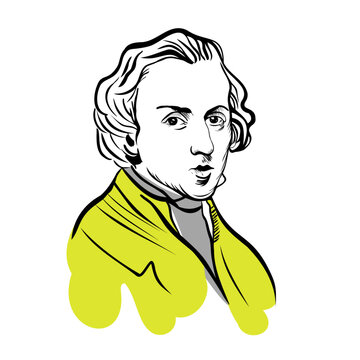 portrait of Frederic Chopin, buste, vector drawing/illustration isolated on white background
