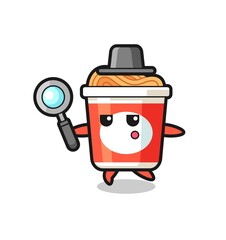 instant noodle cartoon character searching with a magnifying glass