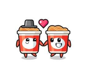 instant noodle cartoon character couple with fall in love gesture