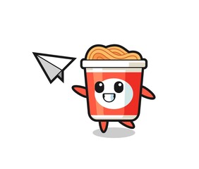 instant noodle cartoon character throwing paper airplane