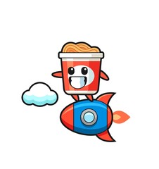 instant noodle mascot character riding a rocket