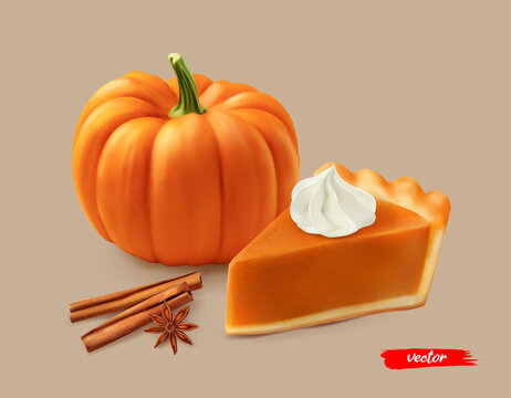 Piece of pumpkin pie with whipped cream and orange pumpkin. 3d realistic vector illustration of pumpkin pie, cinnamon sticks and anise.
