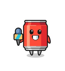 Character mascot of drink can as a news reporter