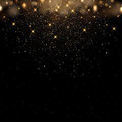 Fototapeta na wymiar Golden glitter and sparkles on dark background. Yellow flakes in shiny light vector illustration. Bright dust sparkling on black wallpaper design. Christmas or holiday card decoration