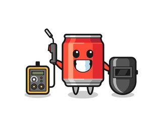 Character mascot of drink can as a welder