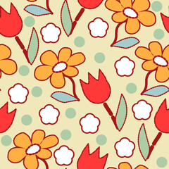 Seamless pattern of abstract daisies and tulips on a light yellow background for textiles.