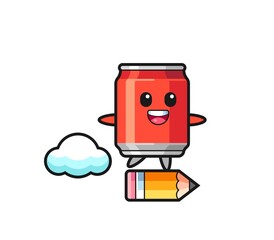 drink can mascot illustration riding on a giant pencil