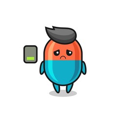 capsule mascot character doing a tired gesture