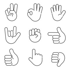 Hand gestures set. finger and sign language. outline icons. vector illustration