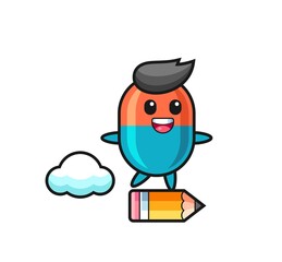 capsule mascot illustration riding on a giant pencil