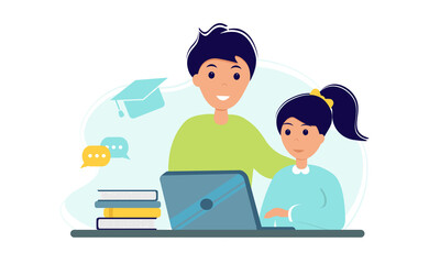 Online education during the coronavirus outbreak concept. The girl is studying on a laptop with her father. The family stays at home. Illustration in a flat style. Self-isolation.