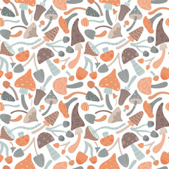 Vector seamless pattern with cartoons of different mushrooms. Pastel palette, flat naive style.