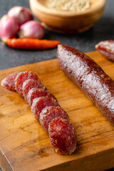 Lap cheong or chinese sausage are dried pork sausages that look and feel like pepperoni but are much sweeter. In southwestern China, sausages are flavored with salt, red pepper and wild pepper.