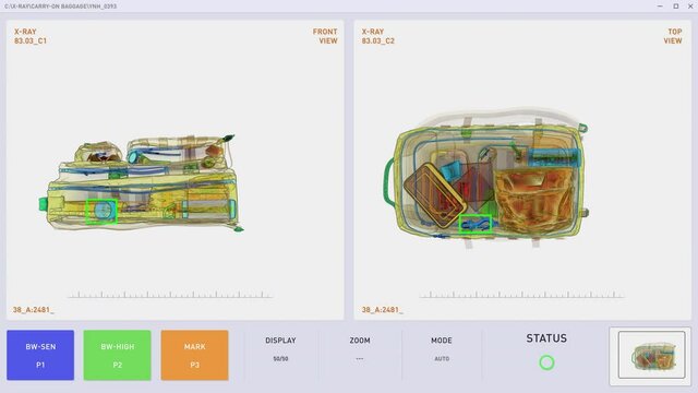 TSA Software Detecting Illegal Alcohol Item Via X-ray Scanning Process. Prohibited Alcohol Checks As Illegal Item At Airport Security Inspection. Baggage Control Panel Marks Alcohol As Illegal Item.