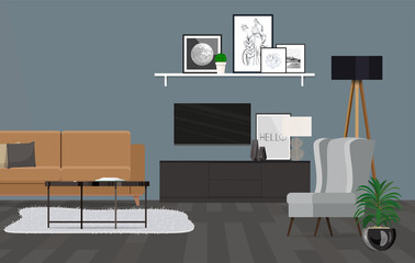 Living room with TV and gray armchair