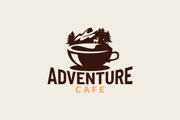 
adventure cafe logo with a combination of coffee cup and natural scenery for any business especially for adventure, outdoor activity, cafe, coffee shop, bar, etc.