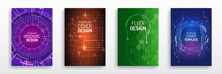 Contemporary science and digital technology concept. Vector template for brochure or cover with hi-tech elements background. Blue layout futuristic brochures, flyers, placards, presentation.