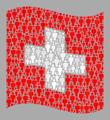 Mosaic waving Swiss flag constructed with men icons. Vector crowd mosaic waving Swiss flag designed for political purposes. Swiss flag collage is designed with randomized population icons.